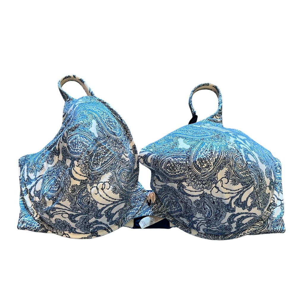 Cacique Intuition Plunge Bra 44H Blue White Paisley Underwire Full Coverage
